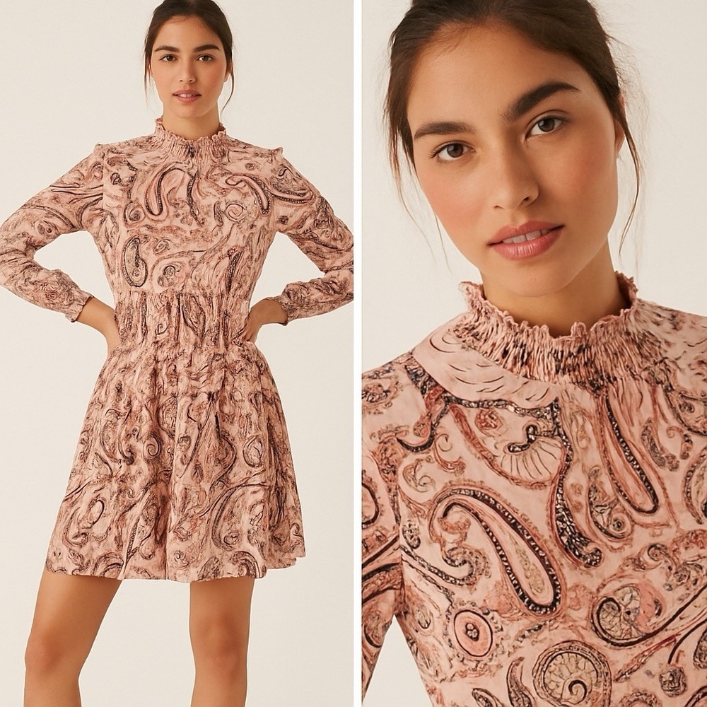 Anthropologie Pink Paisley Smocked Mock Neck Tiered Mini Dress XS Long Sleeve